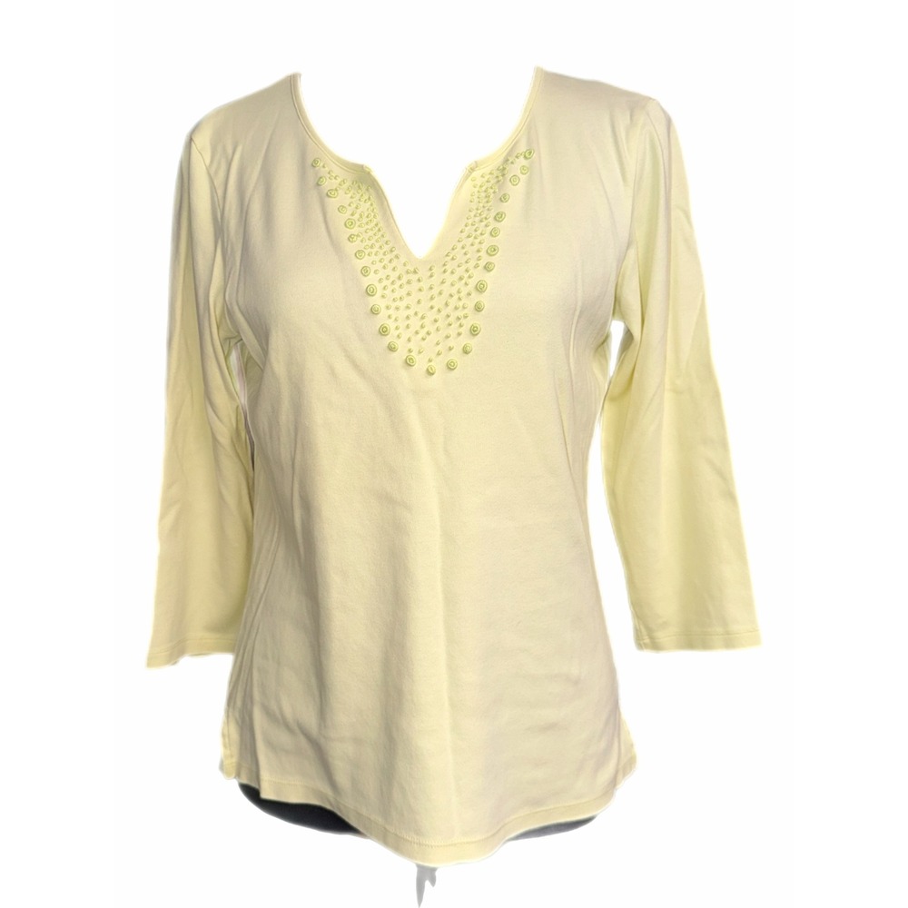 Talbots Womens Yellow Beaded Split V-Neck 3/4 Sleeve Cotton Top Size Sβ